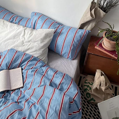 mixinni Vintage Blue & Red Striped Comforter Set King Size - Soft Cotton 3-Piece Bedding Set (1 Comforter + 2 Pillowcases), Retro Geometric Stripes Pattern, All-Season Lightweight & Breathable