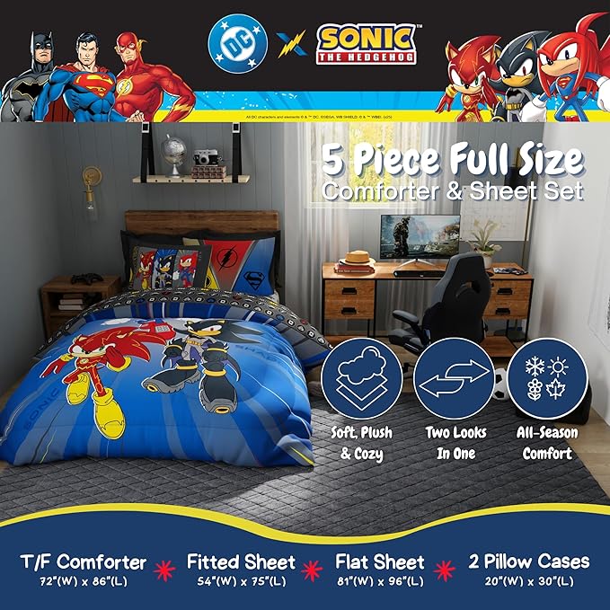 DC x Sonic The Hedgehog Kids Bedding Set, Full Size, 5-Piece Super Soft Cozy Reversible Comforter & Sheet Set (Officially Licensed Product) by Franco | Durable, Reversible, Officially Licensed
