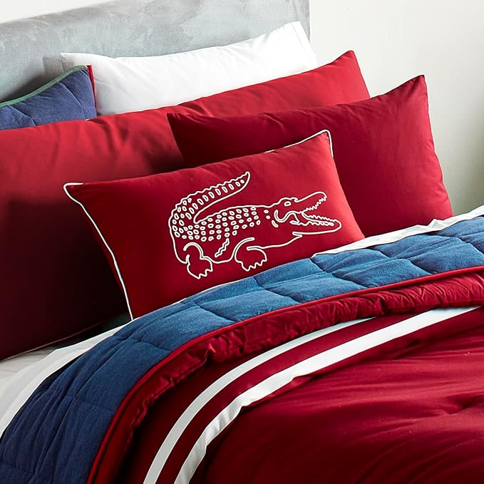 Lacoste Big Croc Decorative Pillow – 16" x 24" Throw Pillow for Bed Sofa Couch, Embroidered Crocodile Logo, 100% Brushed Twill Cotton Cover Fabric, Machine Washable, Rio Red
