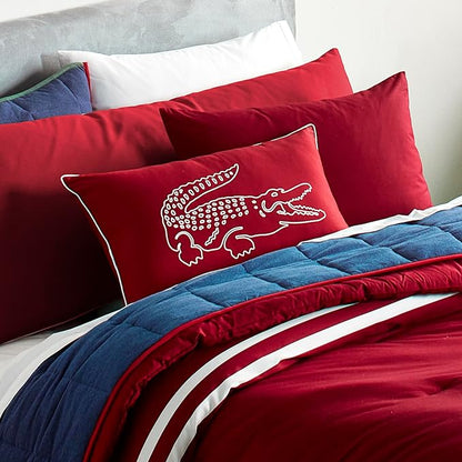 Lacoste Big Croc Decorative Pillow – 16" x 24" Throw Pillow for Bed Sofa Couch, Embroidered Crocodile Logo, 100% Brushed Twill Cotton Cover Fabric, Machine Washable, Rio Red