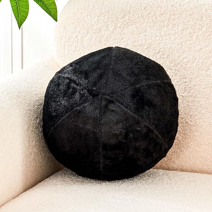 Uvvyui Black Ball Pillow, 11.8" Cute Round Throw Pillow Faux Rabbit Fur Room Decorative Throw Pillow, Ball Shaped Pillow Plush Cushion for Couch, Sofa, Bedroom