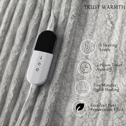 Electric Blanket Heated Throw Blanket, Super Soft Flannel & Sherpa Electric Throw Blanket with 6 Fast Heating Levels, 4 Hours Auto Off & OverHeat Protection, Machine Washable, 50'' X 60'', Light Gray