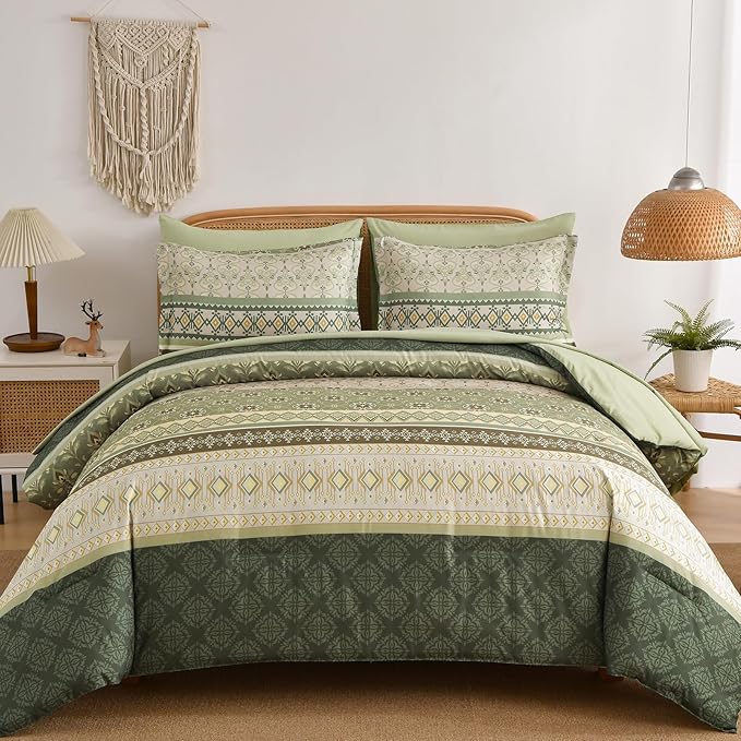 Comforter Set King Size Boho,7 Pieces Sage Green Bedding Set Bohemian Striped Bed in a Bag,Soft Microfiber Paisley Floral Comfortet and Sheet Sets for Family All Season