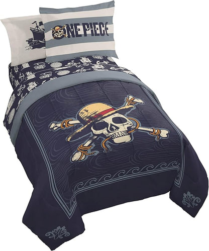 Jay Franco One Piece Twin Size Comforter Set - 5 Piece Blue Bedding Includes Sheet Set & Pillow Covers - Super Soft Anime Bedding with Skull and Bones