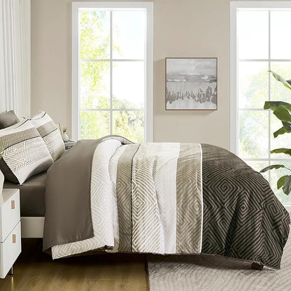 Drucon Comforter Set Queen Size 7 Piece Bed in a Bag Brown Striped Bedding Set Soft Microfiber Comforter and Sheet Set for All Season (Queen, 90"x90")