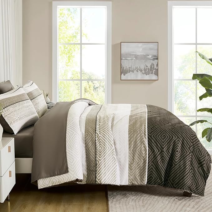 Drucon Brown Comforter Set King Size 7 Piece Bed in a Bag Striped Bedding Set Soft Microfiber Comforter and Sheet Set for All Season (King, 104"x90")