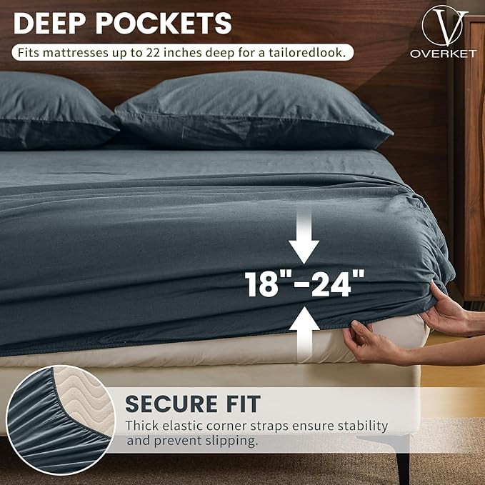 100% Linen Sheet Set Queen Size Extra Deep Pocket Fits 18-24 Inch Mattress, Breathable & Soft, Smooth 6-Piece Set for Thick Mattresses Hotel Luxury Bedding（Queen, Navy Grey）