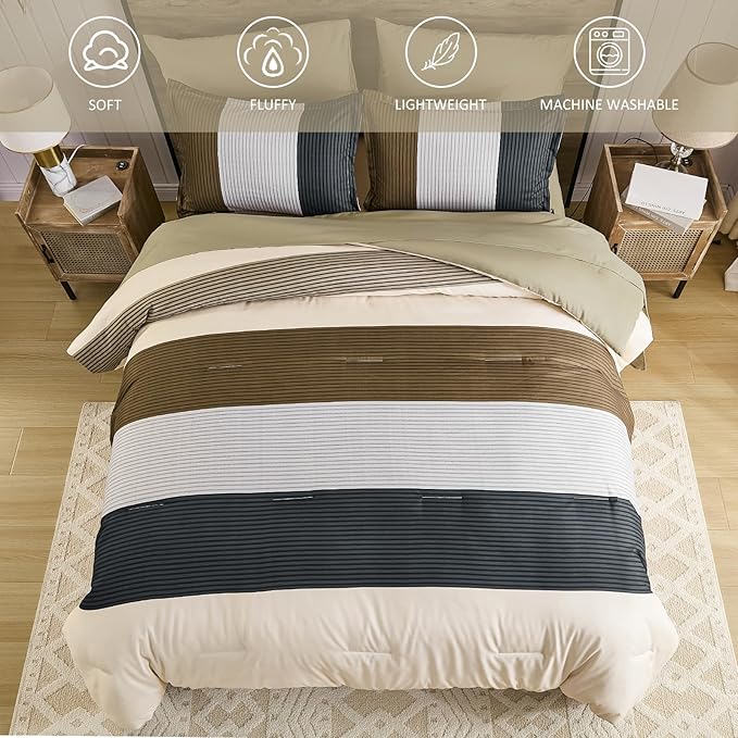 Anibedding 7 Pieces Striped Queen Size Comforter Set, Brown Black Soft Microfiber Down Alternative Farmhouse Bedding All Season with Comforter, Pillow Shams, Flat Sheet, Fitted Sheet and Pillowcases