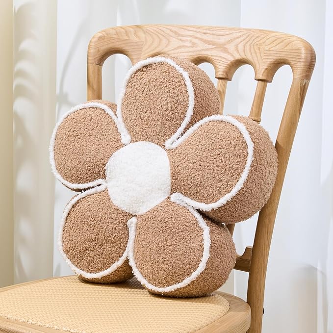 Sioloc Flower Shaped Pillow Daisy Pillows Floor Cushion Pastel Cute Seat Cushions Aesthetic Classroom Dorm Decorative Fun Throw Pillow for Bed,Couch(Light Brown,19.7")