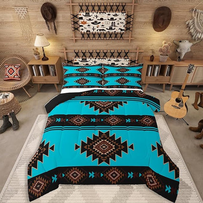 Queen Size Western Aztec Comforter Set, Native American Navajo Bedding Set for Boys Adult Teens, Southwestern Geometric Quilt Ethnic American Native Duvet Insert Rustic Farmhouse Decor, Blue