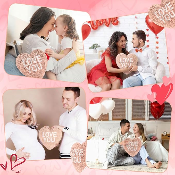 Peryiter Love You Heart Shape Handicraft Hook Pillow 10'' x 10'' Needlepoint Pink Heart Throw Pillow for Couples Anniversary, Wedding, Party Decor, Room Cushion
