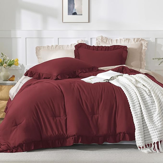 Andency Oversized King Ruffle Comforter Set 120x120, 3 Pieces Burgundy Lightweight Fluffy Super King Bedding Set, Shabby Chic Famhouse All Season Bed Set for Girls Women