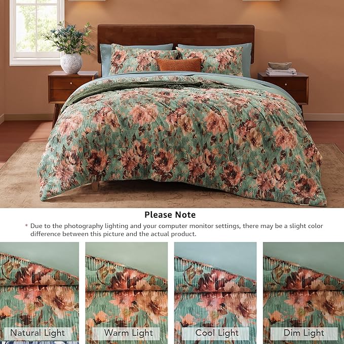 CASAAGUSTO Queen Comforter Set, 7 PCS Sage & Red Floral Comforter Set with Flowers Leaves Pattern, Soft Velvet Design for Winter Queen Size Bedding Set(90"X90")