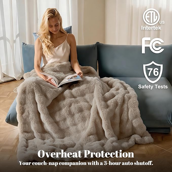 IUUI Electric Heated Blanket Throw 50''x60'',Luxury Faux Rabbit Fur Heating Throw Blankets,Fast Heating with 1/2/4/6/8/10 Hours,Overheat Protection, Quick Heating, Memory Function, Gift-Ready Design