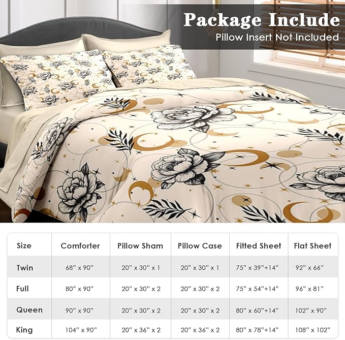 Comforter Set King Size, Flower Boho Astrology 7 Pcs Bedding for Kids and Adults, Tarot Bohemian Floral Bed Sheet Sets with Fitted Sheet 2 Pillowcases & 2 Shams for Bedroom Bed Decor