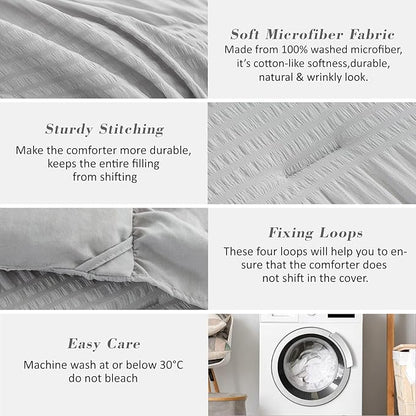 Gray Twin Comforter Set, Seersucker Vintage Comforter Ultra-Soft Light Grey Bedding Set Twin/Twin XL Size 3 Piece Set, Down Alternative Light Weight Comforter Set (Grey,Twin 68"x90")