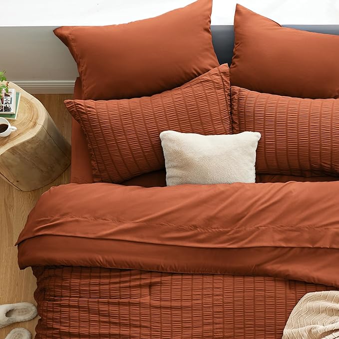 Love's cabin Seersucker Terracotta King Size Comforter Set, 7-Piece All Season Lightweight Bed in a Bag Bedding Set with Comforter, Flat Sheet, Fitted Sheet, Pillowcases and Shams | Soft, Breathable, Lightweight