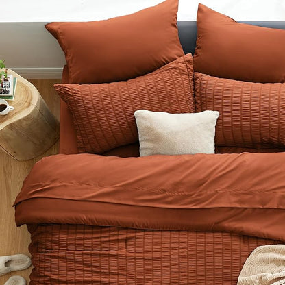 Love's cabin Seersucker Terracotta King Size Comforter Set, 7-Piece All Season Lightweight Bed in a Bag Bedding Set with Comforter, Flat Sheet, Fitted Sheet, Pillowcases and Shams | Soft, Breathable, Lightweight