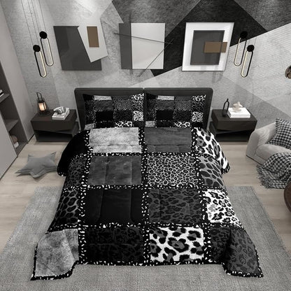 Erosebridal Grey Leopard Print Twin Comforter Set for Kids Boys Girls,Animal Skin Texture Bedding Set,Patchwork Geometric Duvet Insert,Farmhouse Bed Set for All Season