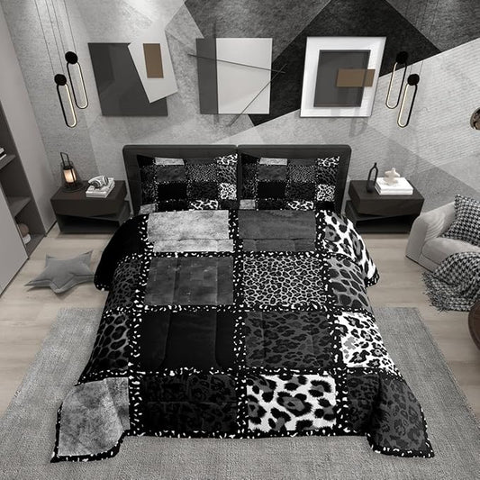Erosebridal Grey Leopard Print Queen Comforter Set for Kids Teens Adults,Animal Skin Texture Bedding Set,Patchwork Geometric Duvet Insert,Farmhouse Bed Set for All Season