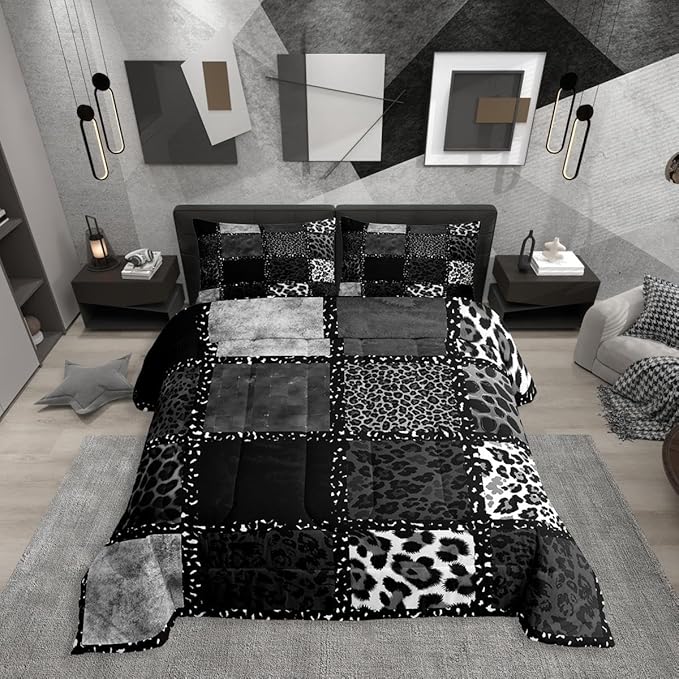 Erosebridal Grey Leopard Print Comforter King Size for Kids Teens Adults,Animal Skin Texture Bedding Set,Patchwork Geometric Duvet Insert,Farmhouse Quilt Bedroom Decor