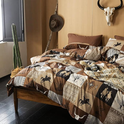 Wake In Cloud - Western Comforter Set, Southwestern Aztec Country Horse Cowboy Rustic Ranch Pattern Printed, Soft Lightweight Bedding, 3 Pieces, Tan Brown, Queen Size