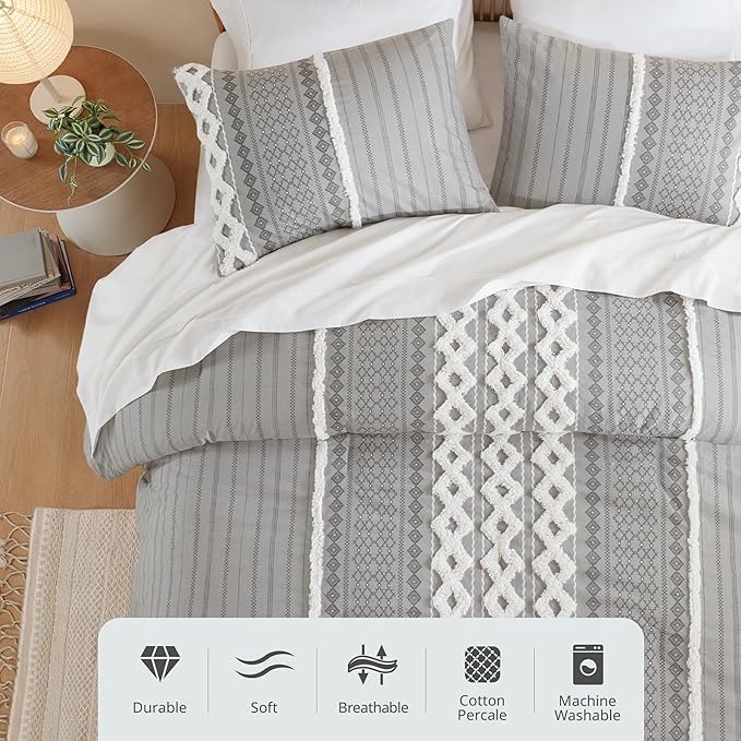 INK+IVY Imani 100% Cotton Duvet Mid Century Modern Design, All Season Comforter Cover Bedding Set, Matching Shams, Full/Queen, Gray Chenille Tufted Accent 3 Piece