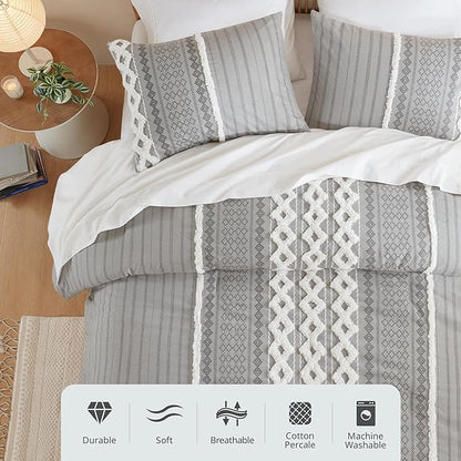 INK+IVY Imani 100% Cotton Duvet Mid Century Modern Design, All Season Comforter Cover Bedding Set, Matching Shams, King/Cal King, Gray Chenille Tufted Accent 3 Piece