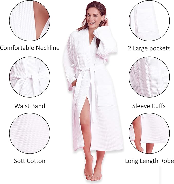 Luxurious Bathrobe for Women - Soft & Absorbent - Lightweigh & Comfort - Long & Kimono - Waffle & Cotton - Hotel/Spa Robe