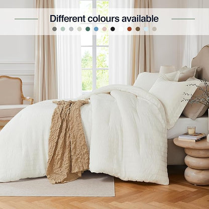 Beige King Comforter Set - 3 Pieces Seersucker Lightweight Bedding Comforter Sets (1 Soft Fluffy Comforter & 2 Pillowcases) - All Seasons Cozy Farmhouse Bed Sets for Women Men