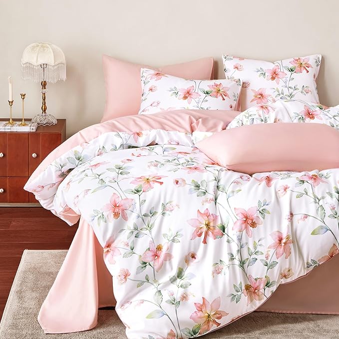 Wake In Cloud - Floral Comforter Set, Cottagecore Cottage Rustic Farmhouse Style with Botanical Flowers and Leaves Pattern, Soft Lightweight Bedding, 3-Piece, Pink White, Twin/Twin XL Size