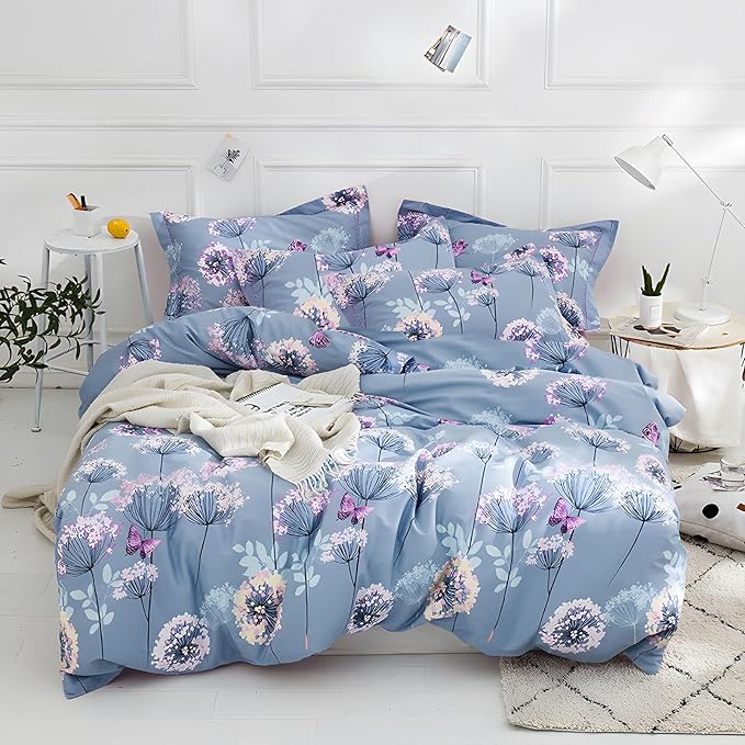 MKXI Purple Floral Comforter Set Dandelion Print Comforter Queen Set Cozy Patterned Comforter Reversible Flowers Bedding Set Queen Size