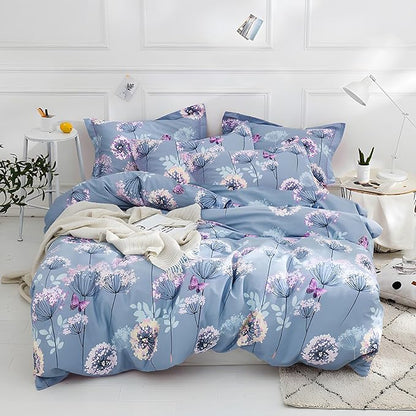 MKXI Purple Floral Comforter Set Dandelion Print Comforter Queen Set Cozy Patterned Comforter Reversible Flowers Bedding Set Queen Size