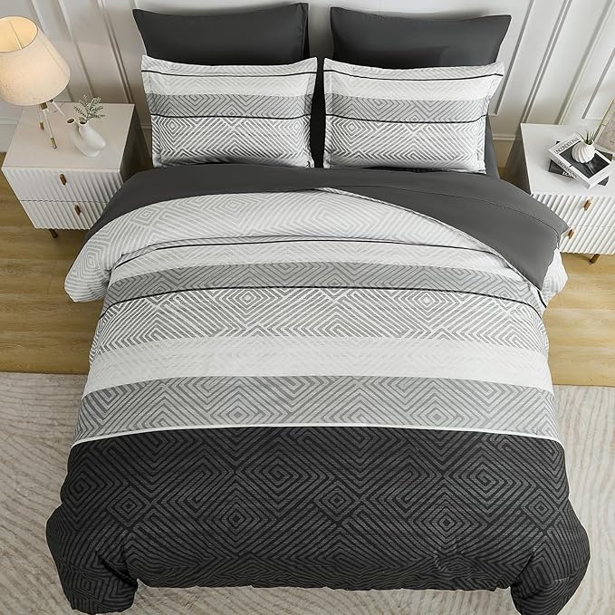Drucon Black and Grey Comforter Set California King Size 7 Piece Bed in a Bag Boho Striped Bedding Set Soft Microfiber Comforter and Sheet Set for All Season (Cal King, 104"x96")