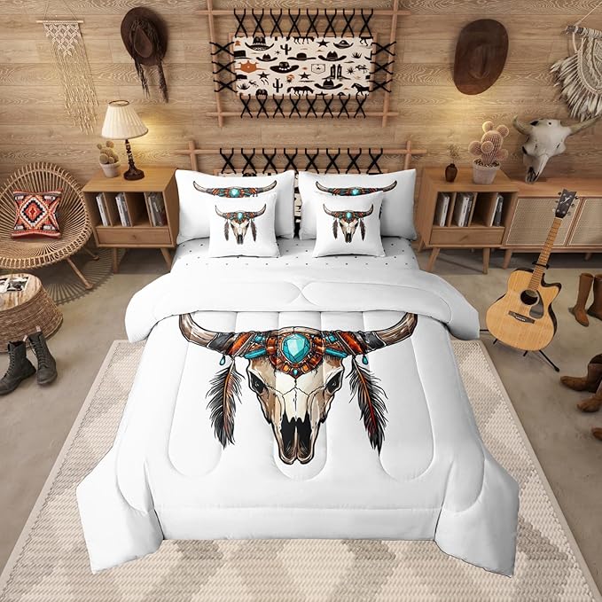 Erosebridal Aztec 7 Piece Bedding Set King Bull Skull Comforter Set with Sheets Gemstones Feathers Pattern Southwest Bed in a Bag Mysterious Hand Drawn Bohemian for Teens Men Women