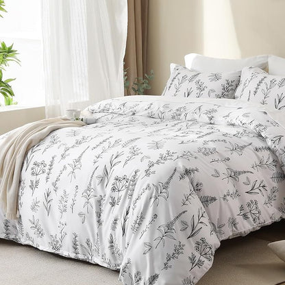 MUXHOMO White Full Comforter Set, Elegant Floral Print Bed in a Bag 7 Pieces, Ultra Soft & Breathable Reversible Botanical Pattern Bedding Set with Comforter, Sheets, Pillowcases, and Shams