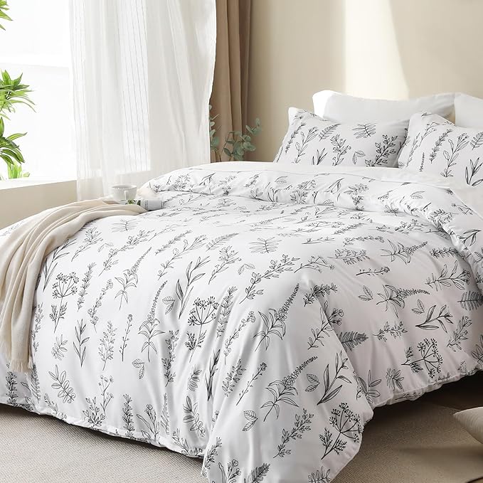MUXHOMO White Bed in a Bag Queen 7 Pieces, Queen Comforter Set Reversible Botanical Flowers Design, Ultra Soft & Breathable Bedding Sets with Comforter, Sheets, Pillowcases & Shams