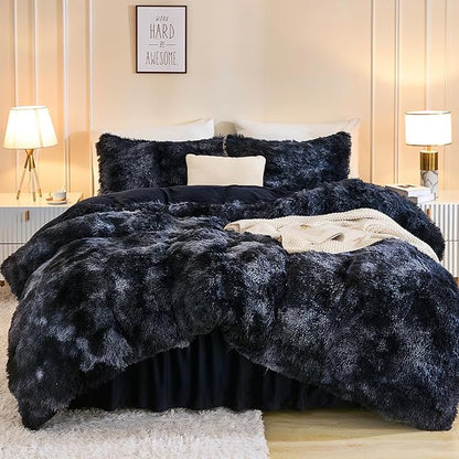Andency Faux Fur Tie-Dyed Black Blue Comforter Set Full Size, 3 Pieces Fluffy Fuzzy Plush Bedding Comforter Set (1 Shaggy Velvet Comforter & 2 Pillowcases), Soft Puffy Down Comforter Bedding Set