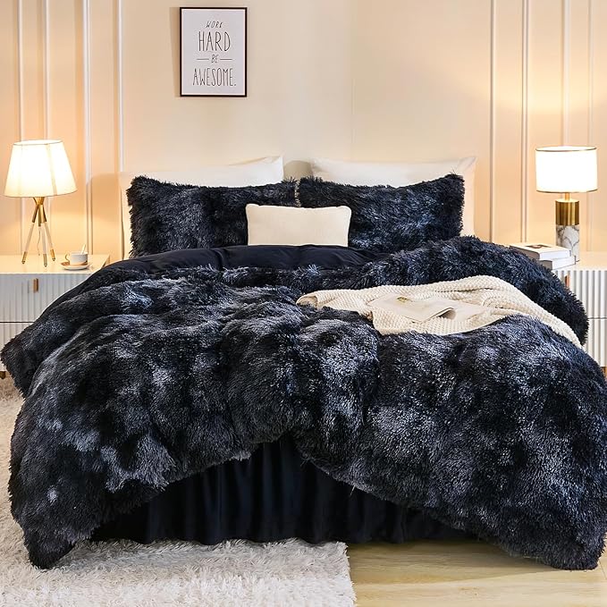 Andency Faux Fur Tie-Dyed Black Blue Comforter for Queen Size Bed, 3 Pieces Fluffy Fuzzy Plush Bedding Comforter Set (1 Shaggy Velvet Comforter & 2 Pillowcases)