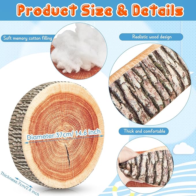 Juexica 8 Pcs Decorative Soft Round Throw Pillow Circle Seating Tree Stump Pillow 3D Digital Print Stump Cushion Flexible Seating Floor Cushion Natural Wood Forest Decor for Classroom Home Couch