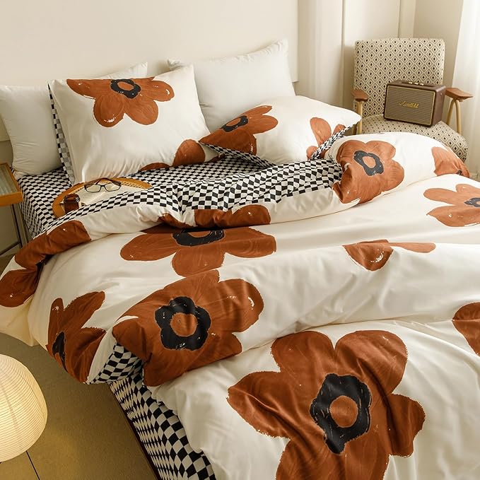 Cottonight Pumpkin Sunflower Comforter Set Queen Women Girls Beige and Brown Floral Bedding Comforter Set Botanical Flowers Blanket Quilts Soft Breathable Cute Chic Big Flower Comforter