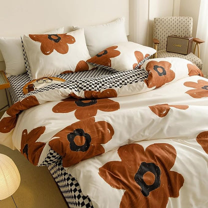 Cottonight Pumpkin Sunflower Comforter Set Queen Women Girls Beige and Brown Floral Bedding Comforter Set Botanical Flowers Blanket Quilts Soft Breathable Cute Chic Big Flower Comforter