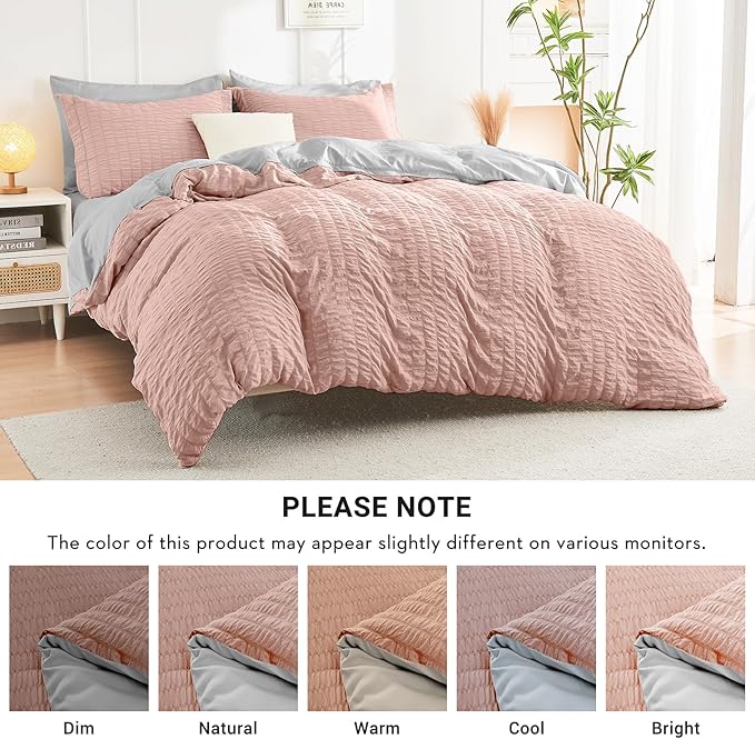 HYMOKEGE Rose Gold/Light Grey King Size Comforter Set Seersucker 7 Pieces, All Season Luxury Bed in a Bag for Bedroom, Bedding Set with Comforter, Sheets, Pillowcases & Shams