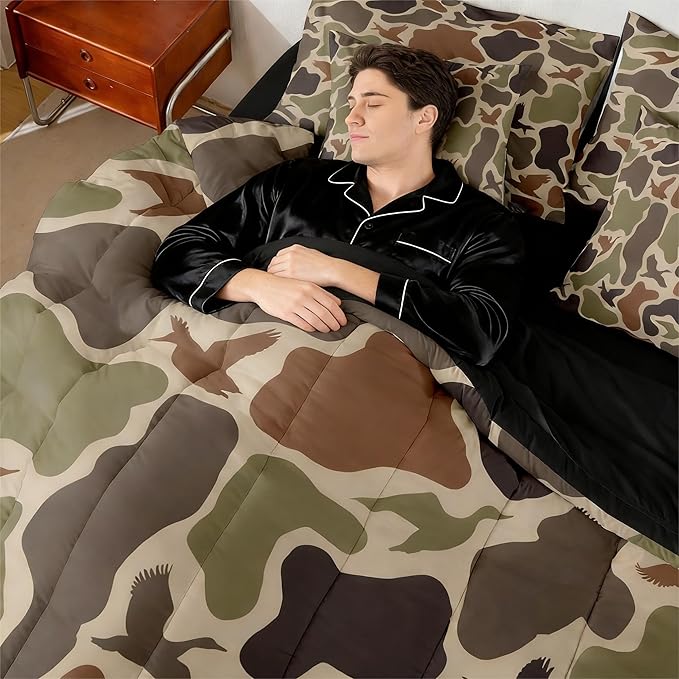 Erosebridal Duck Hunter 7 Pcs Comforter Set King Size Camo Bed in A Bag Army Green Ducks Hunting Comforter Adults Men Camouflage Military Sheet Set Wild Woodland Birds Pillowcases Rustic Bed Set