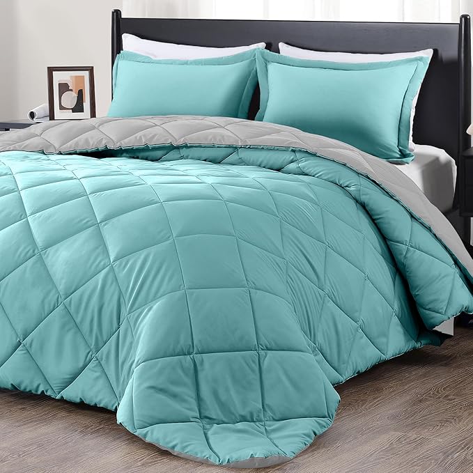 downluxe California King Comforter Set - Teal and Gary Cal King Comforter Set, Soft Bedding Sets for All Seasons - 3 Pieces - 1 Comforter (104"x96") and 2 Pillow Shams(20"x36")