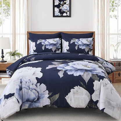 Dobuyly Navy Blue Comforter Set Queen Size 7 Piece Bed in a Bag, Floral Comforter Set with Sheets, Soft Microfiber Botanical Flowers Complete Bedding Set for All Season