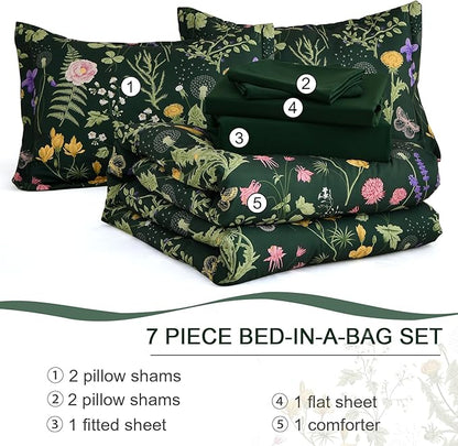 Yiran Floral Full Size Comforter Set, 7 Piece Dark Green Comforter Bedding Set, Spring Bed in a Bag Botanical Flowers Pattern, Soft Lighrweight Complete Comforters with Sheets for Women