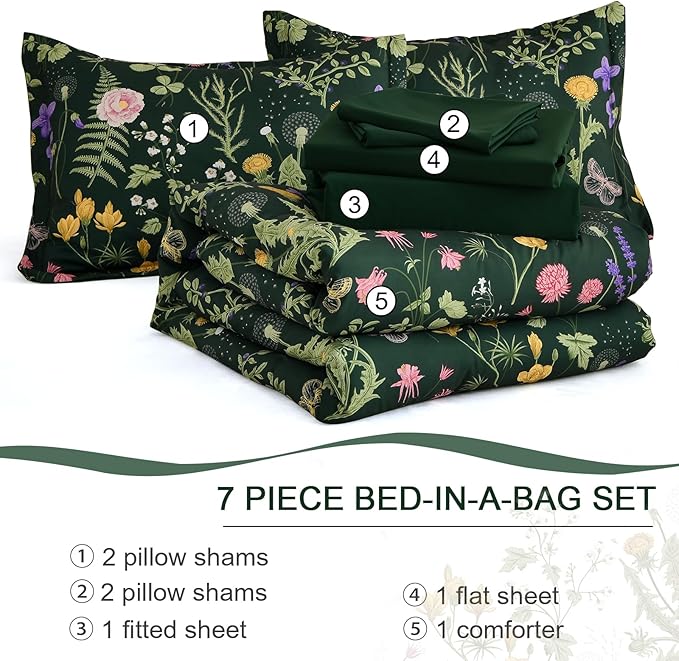 Yiran Dark Green California King Comforter Set, 7 Piece Summer Floral Comforter Bedding Set, Bed in a Bag with Flowers Pattern, Soft Microfiber Complete Bedding Set with Sheets for All Season