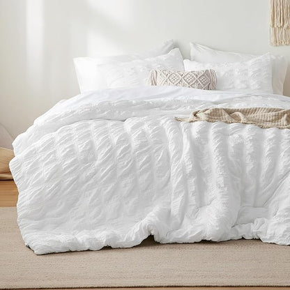 Bedsure Bed in a Bag Twin - 5 Pieces Plaid Seersucker Bedding Comforter Sets, Soft Lightweight White Boho Bed Set with Comforters Twin Size, Sheets, Pillowcase & Sham