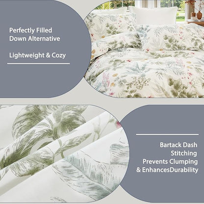 100% Cotton Comforter Queen Size Green Floral Bedding Set Reversible Botanical Comforter Set 3 Pcs Cottagecore Aesthetic Soft Bedding Sets for All Season